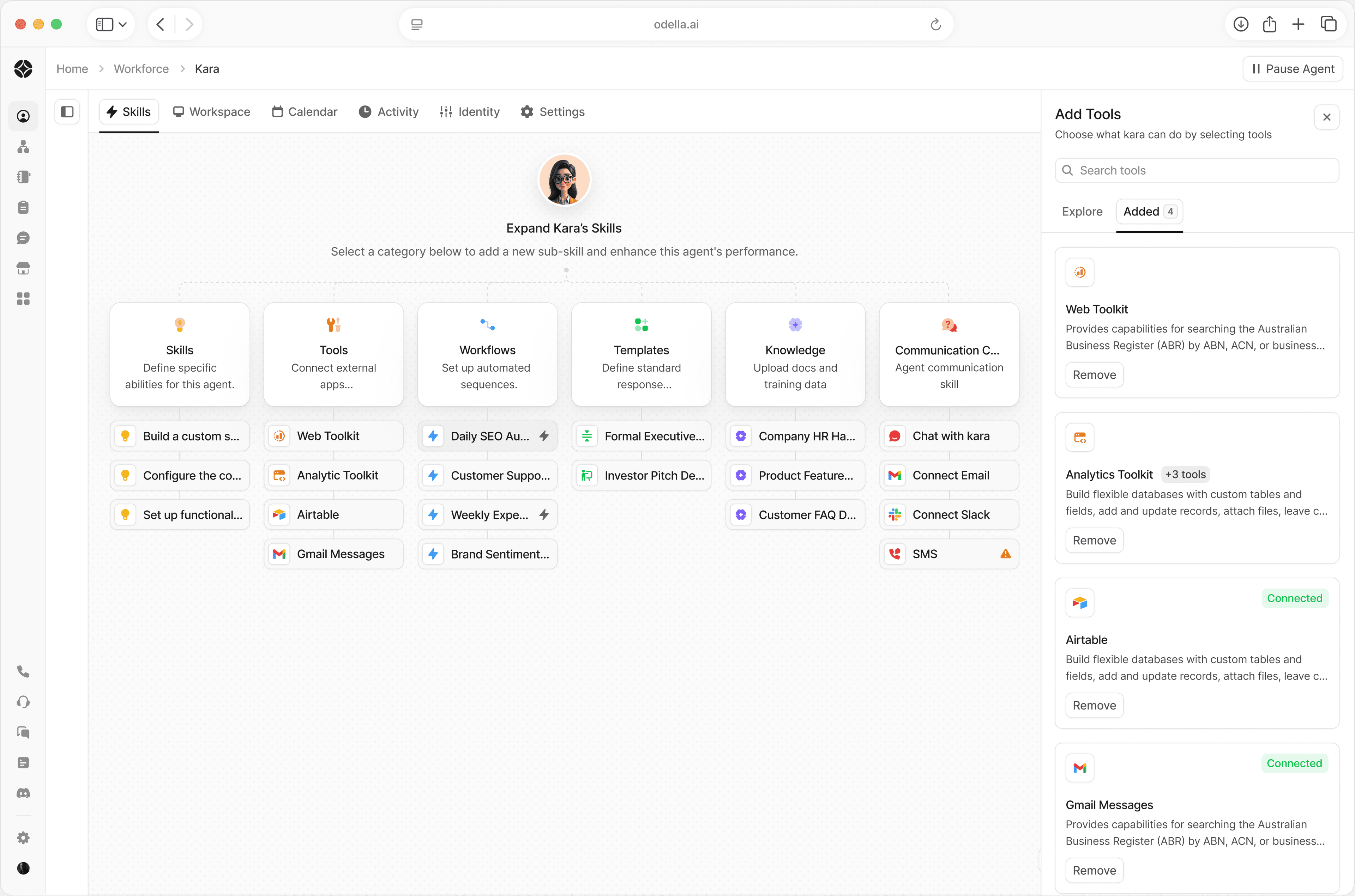 Odella AI workforce dashboard showing automated workflows and AI employee activity