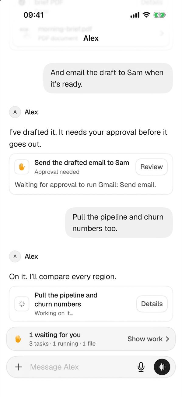 A chat in the Odella app with an approval waiting and a task running